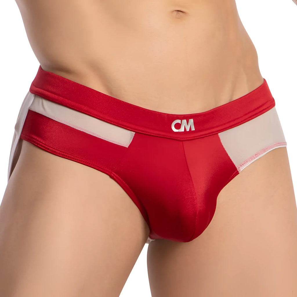 Red cm cover male CME030 jockstrap briefs with white mesh side panels and a satin-like finish