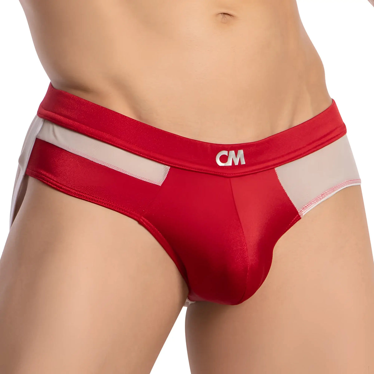 Red cm cover male CME030 jockstrap briefs with white mesh side panels and a satin-like finish