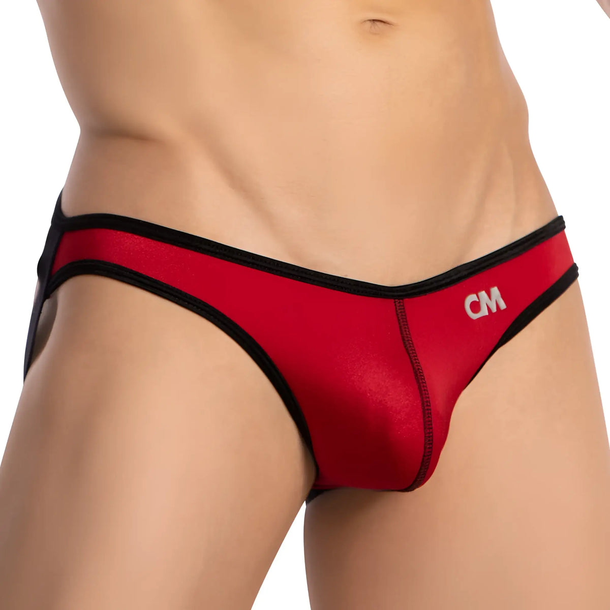 Cover Male CME031 jockstrap in red and black with shiny fabric finish showcasing branded briefs design