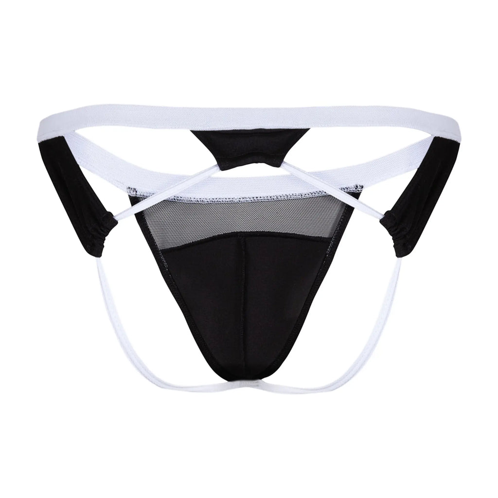 Cover male CME033 jockstrap black and white mesh thong with supportive contoured design shown from the back