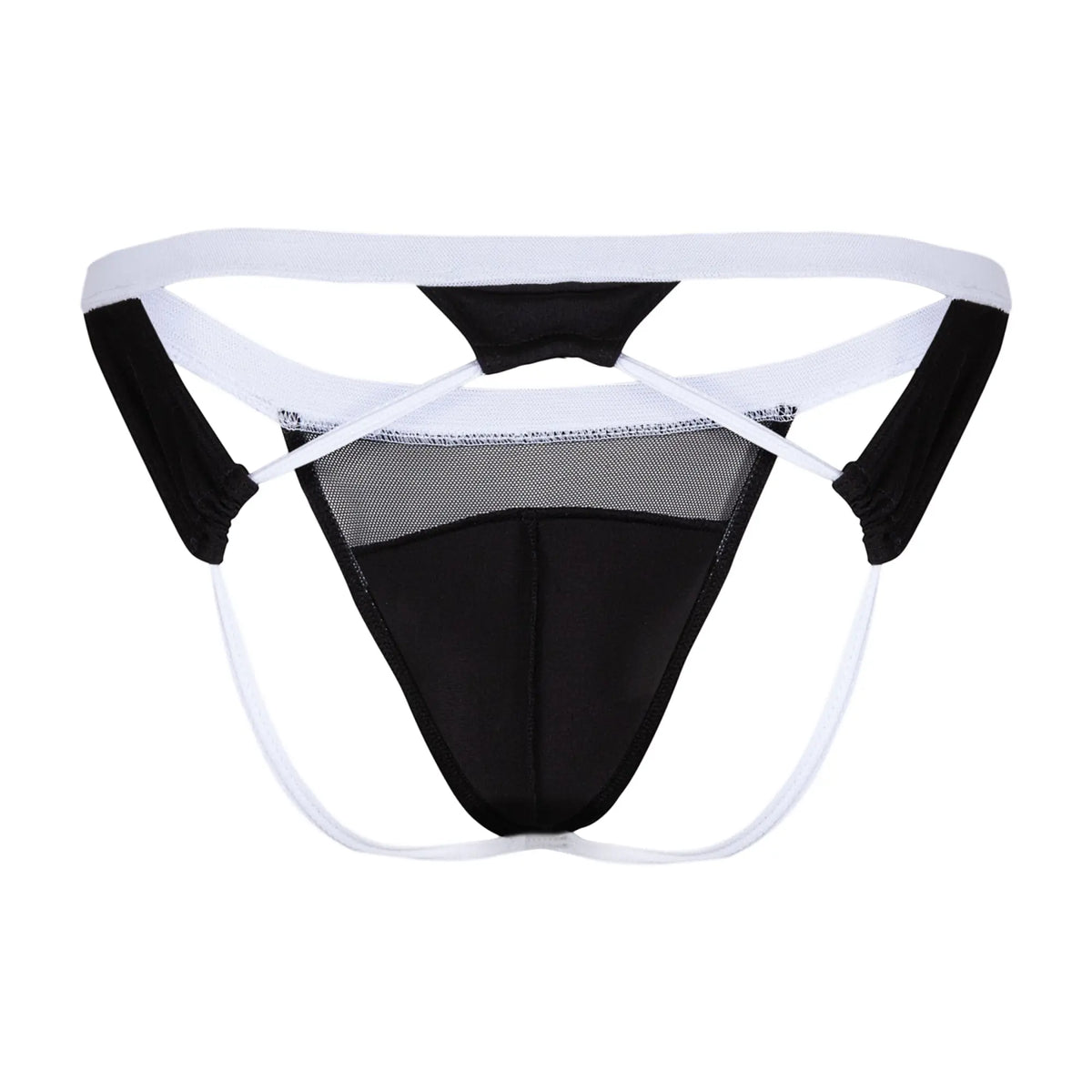Cover male CME033 jockstrap black and white mesh thong with supportive contoured design shown from the back