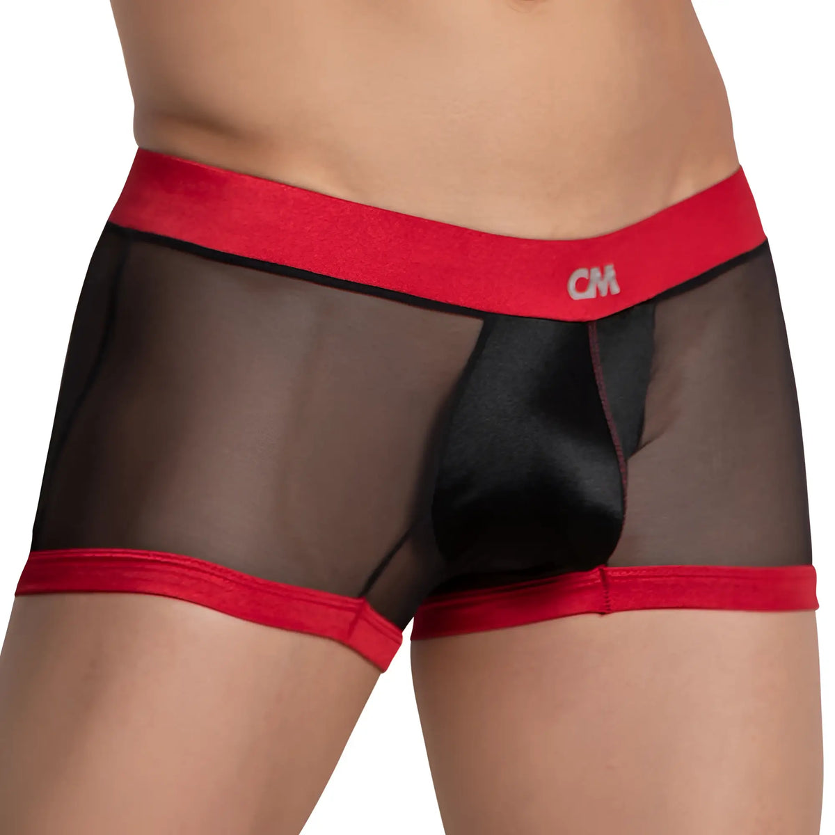 Red and black mesh brief boxer trunk with satin inner panel from cover male cmg021 see me collection