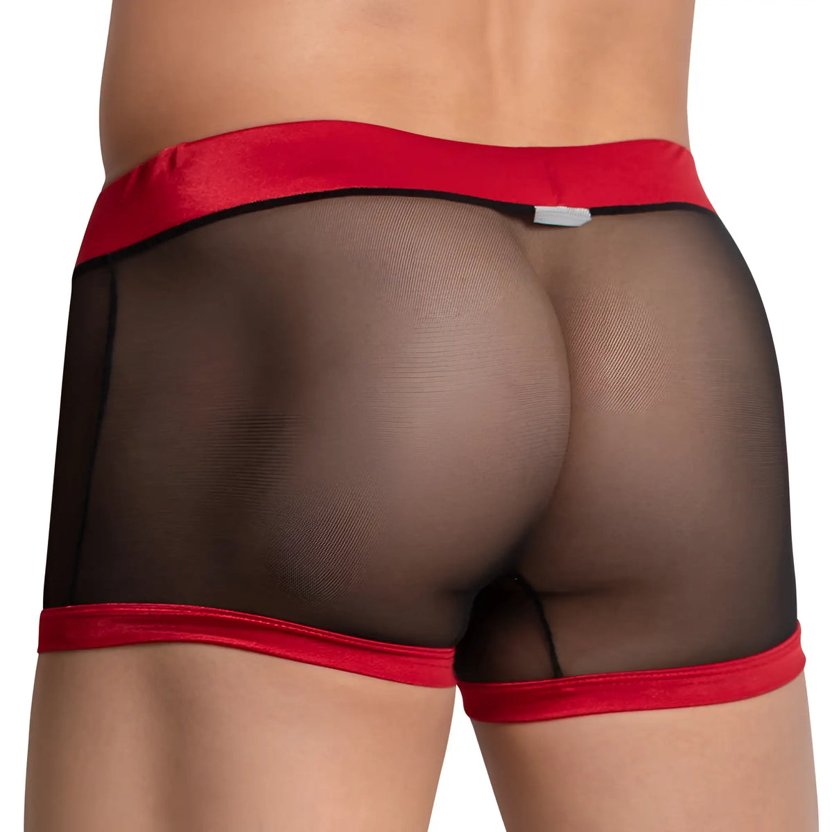 Cover Male CMG021 see me boxer trunk black mesh briefs with red velvet trim for stylish menâ€™s underwear