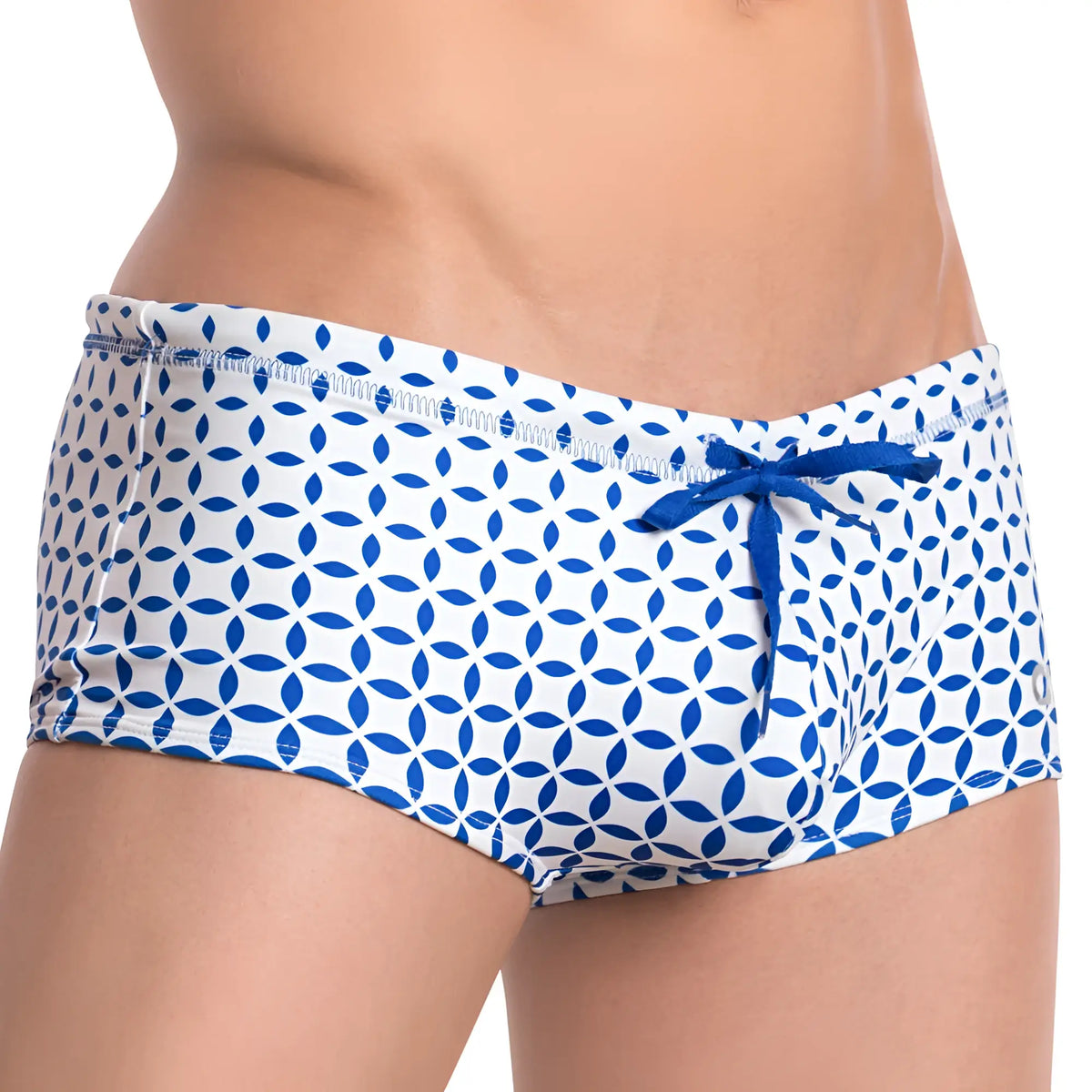 Cover Male CMH008 swimwear white swim trunks with blue geometric leaf pattern and matching blue drawstring