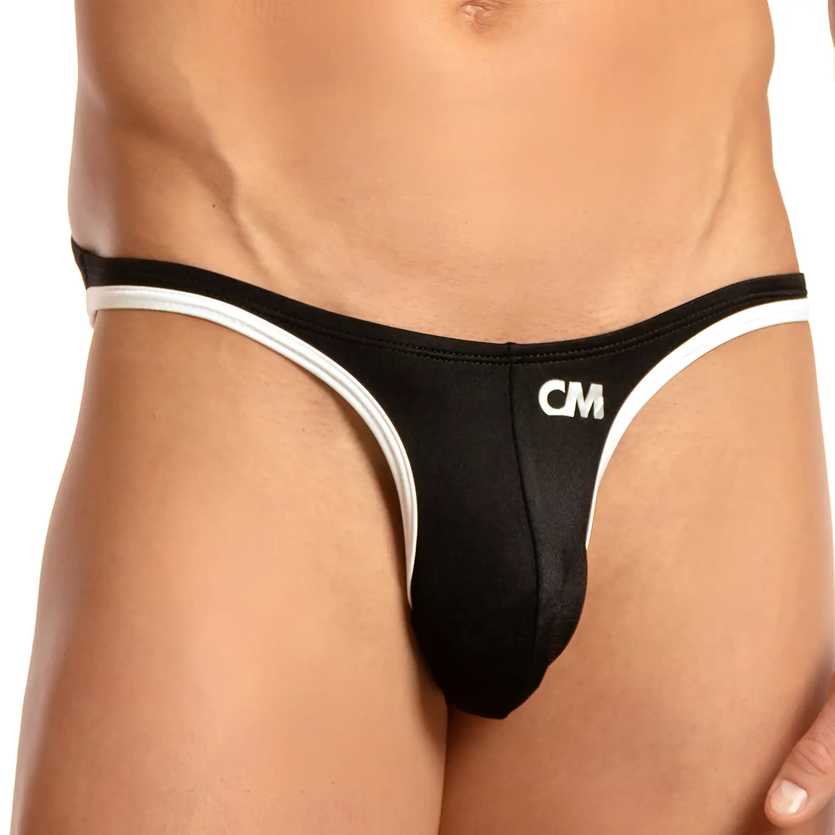 Cover male cmi037 bikini brief black and white thong with sleek form fitting design and contrasting white trim