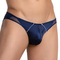 Navy blue satin thong with sheer mesh side panels and white stitching details showing the back of cover male cmi052 bikini