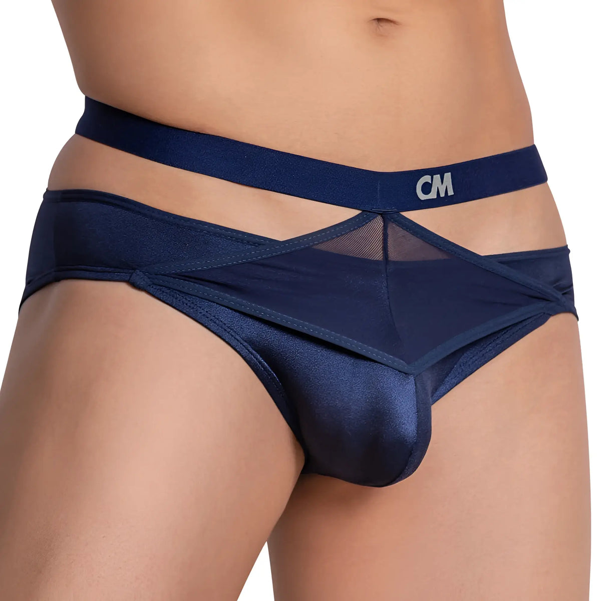 Navy blue satin Cover Male CMI053 bikini briefs with mesh panel crossed straps and cm logo waistband front view
