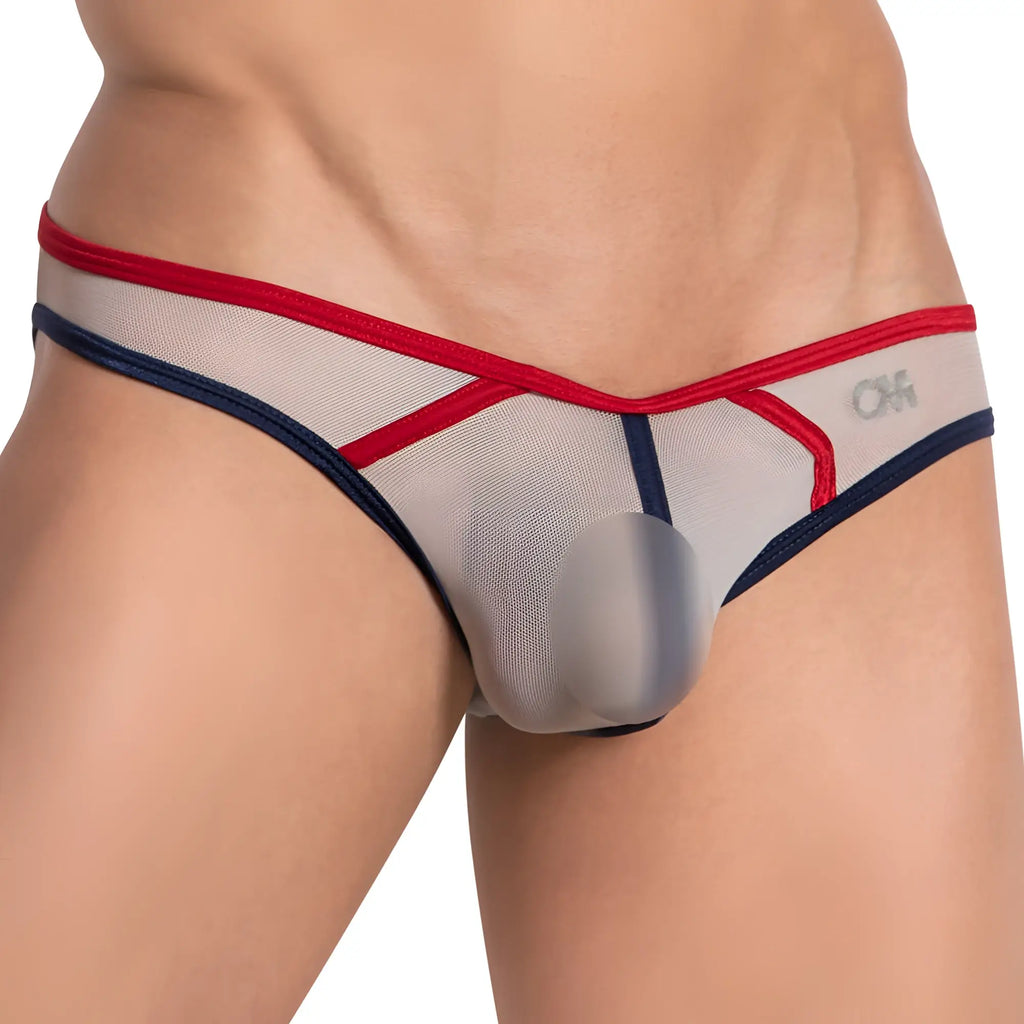 Transparent mesh Cover Male CMI066 Color Slash sheer bikini briefs with red and navy blue trim and subtle ok logo on side