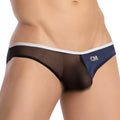 Cover Male CMI068 bikini brief in black mesh with navy blue panel white trim and cm logo, front view