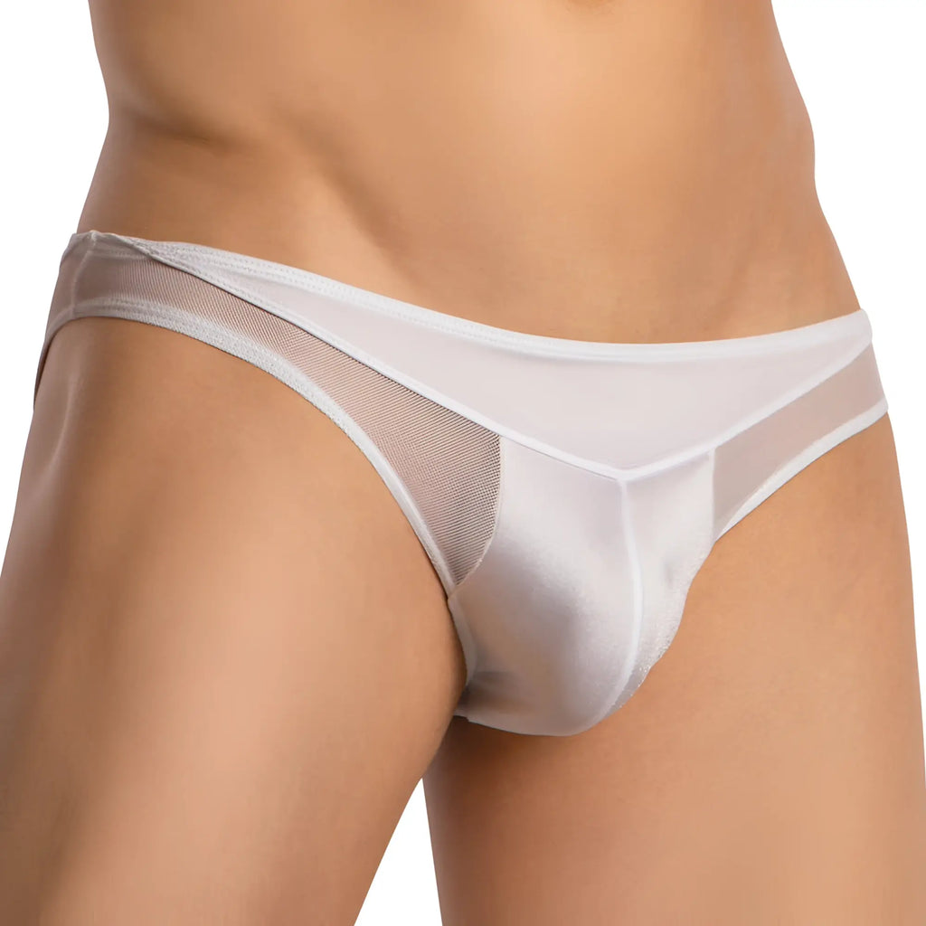 Cover male cmi071 sheer back bikini white briefs with smooth translucent mesh fabric and subtle gray paneling