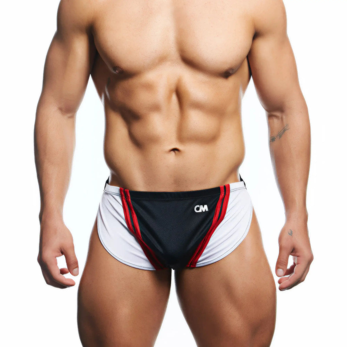 Black and white Cover male CMI072 bikini swim trunks with red side stripes and cm logo on front