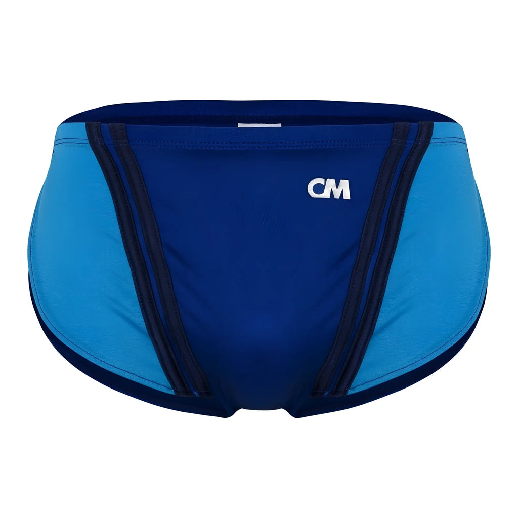 Blue and navy cover male CMI072 bikini swim trunks with black side stripes and white cm logo on the front