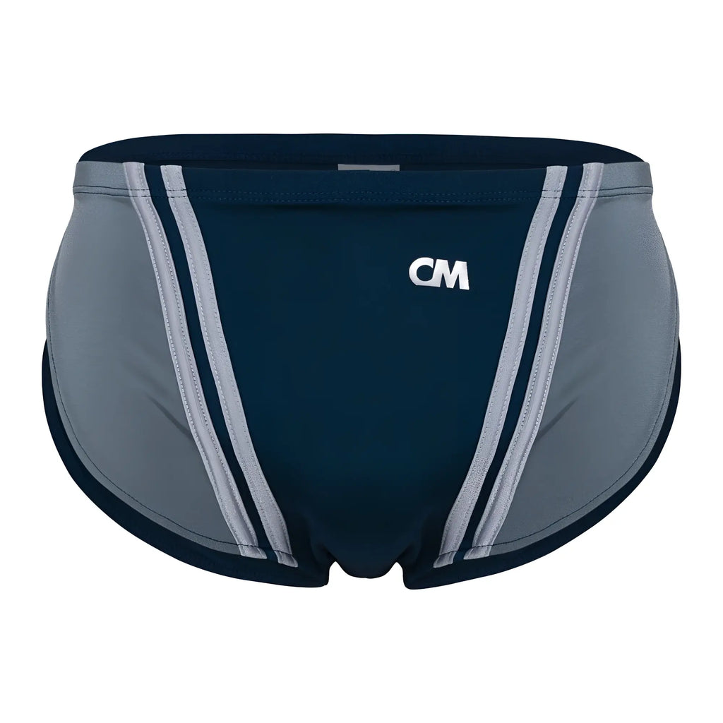 Dark blue and gray Cover Male CMI072 bikini swim trunks with white cm logo on front for beach and pool use