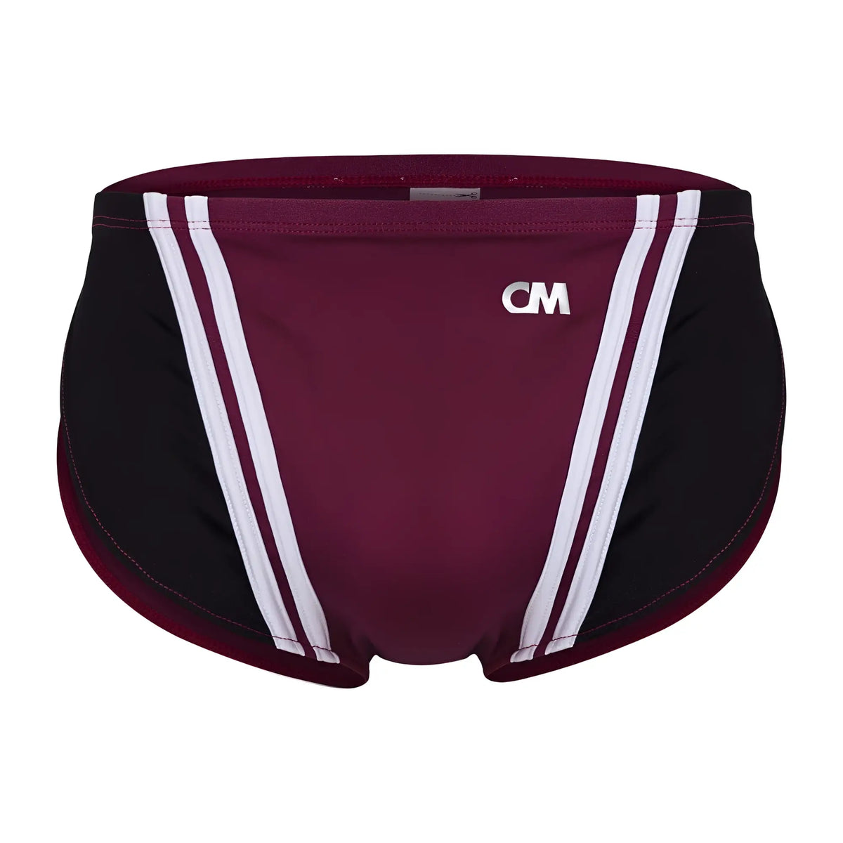 Cover male cmi072 bikini maroon and black swim trunks with white striped side panels for swimming and beachwear