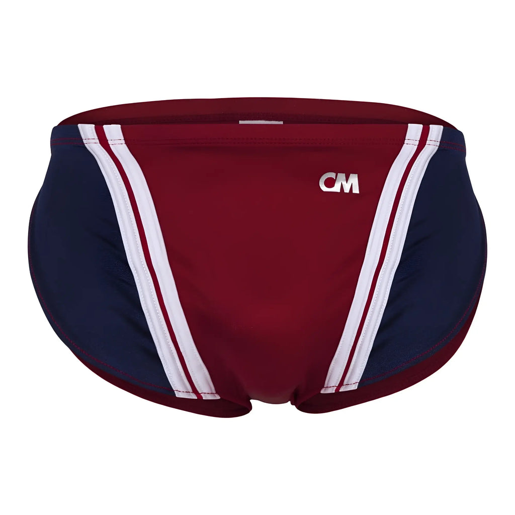 Maroon and navy blue swim trunks with white racing stripes and cm logo on the front from cover male cmi072 bikini collection