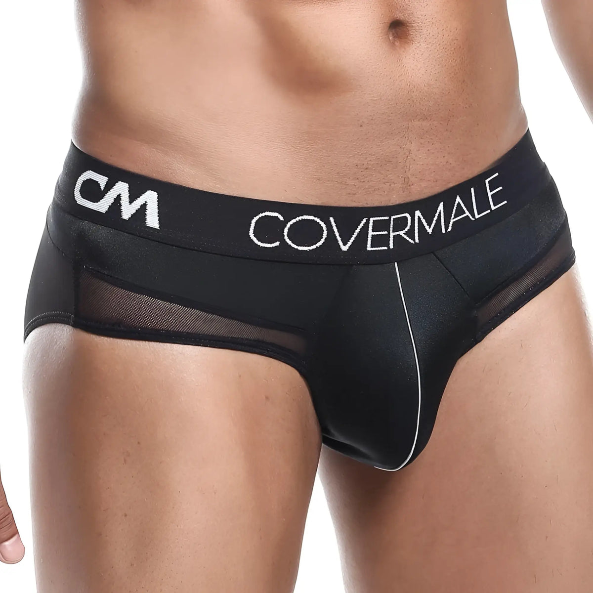 Black mesh briefs cover male cmj025 with a sleek form-fitting design and white branding on the waistband