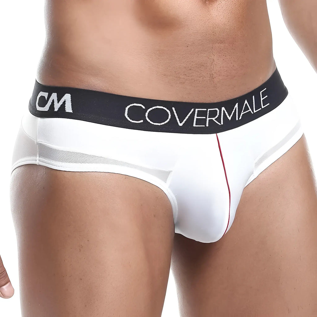 White cover male cmj025 menâ€™s briefs with black elastic waistband and thin red center seam for comfortable wear