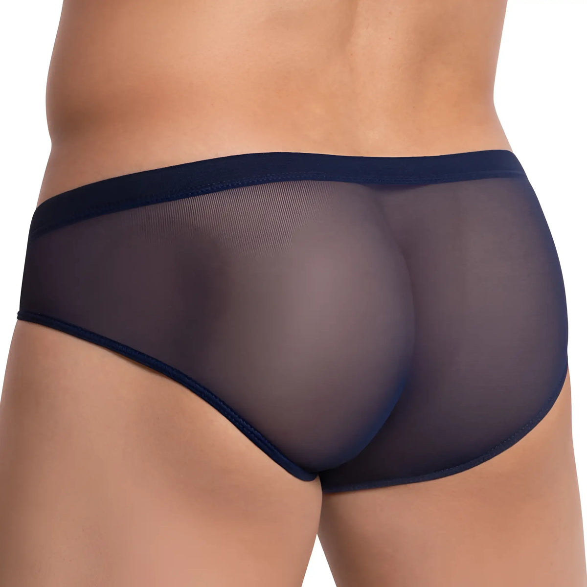 Navy blue sheer mesh briefs with solid waistband cover male CMJ033 bikini brief front view