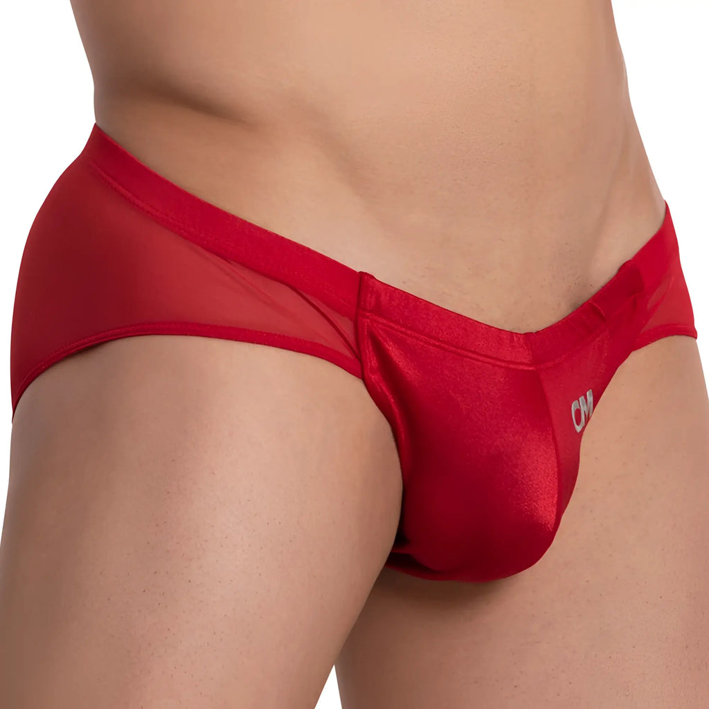 Red satin briefs with sheer mesh panel and cm logo on the side from cover male cmj033 bikini brief collection