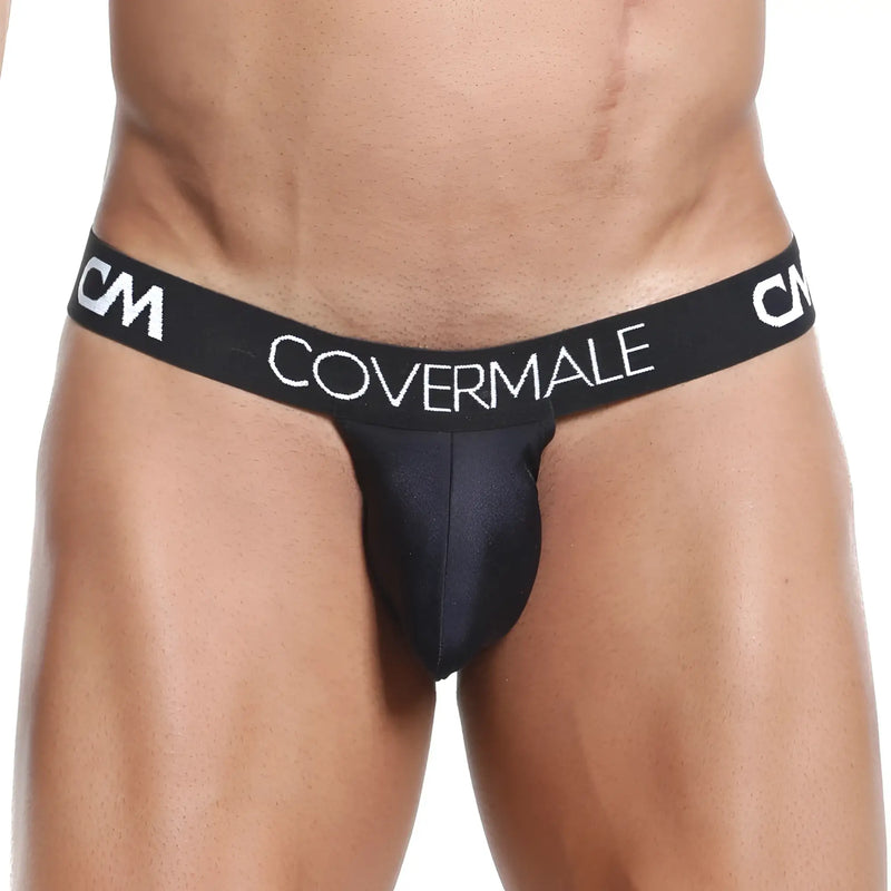 Black satin-like covermale cmk018 thong with white logo detailing showing front view of jockstrap design