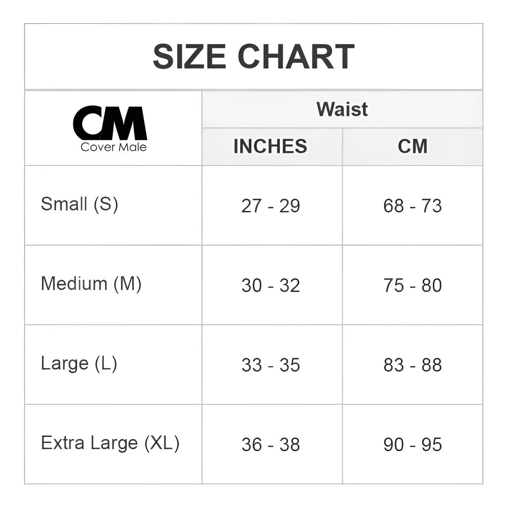 Cover male cmk052 omg thong size chart showing waist measurements in inches and centimeters from small to extra large