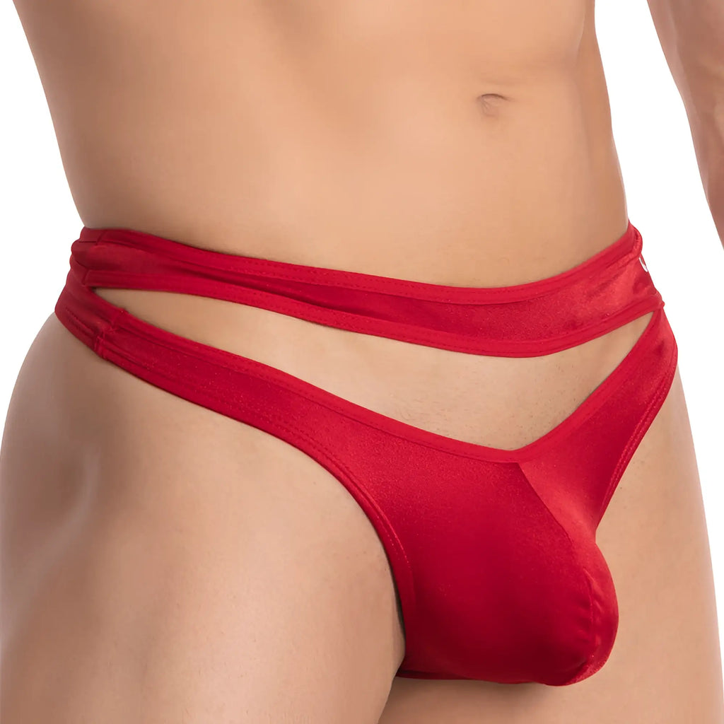 Red satin thong with cutout design from cover male cmk059 shown from the back side