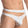 White satin-like fabric briefs with dual-strap design shown from the back in cover male cmk059 thong style