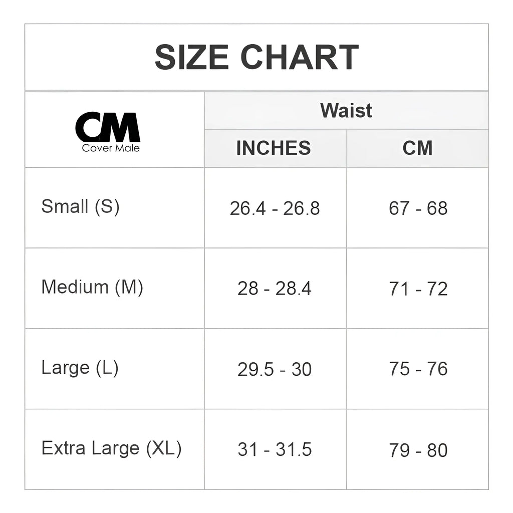 Cover male cmk062 all over me thong size chart showing waist measurements in inches and centimeters for small to xl