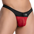 Cover male cmk070 bikini thong in black and red with a sheer mesh front panel for a bold and stylish look