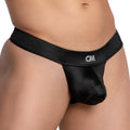 Black satin cover male cmk071 bikini thong briefs with soft smooth texture and subtle white cm logo on waistband