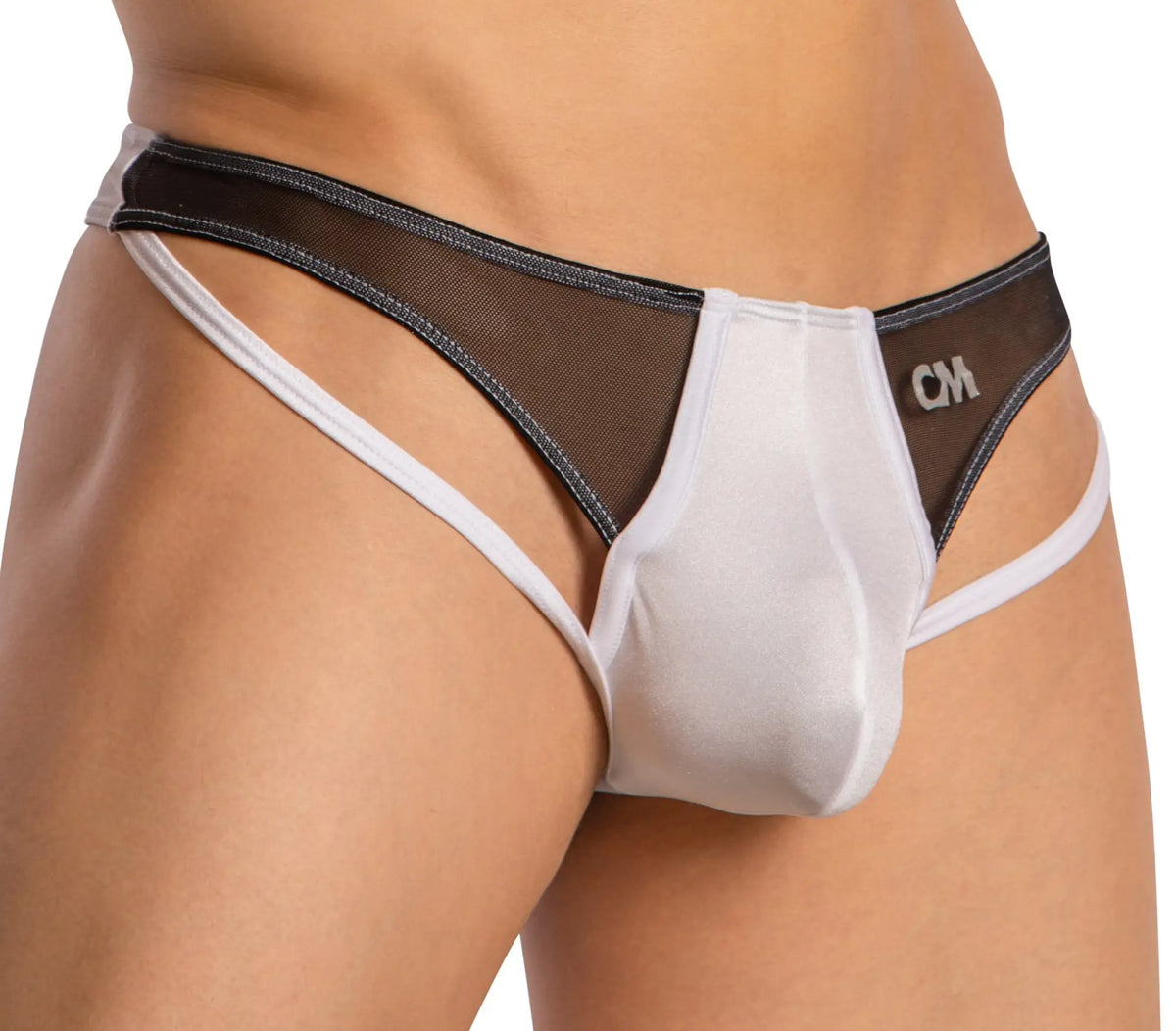 Cover Male CMK080 thong in white and black mesh with white elastic straps shown from the back side