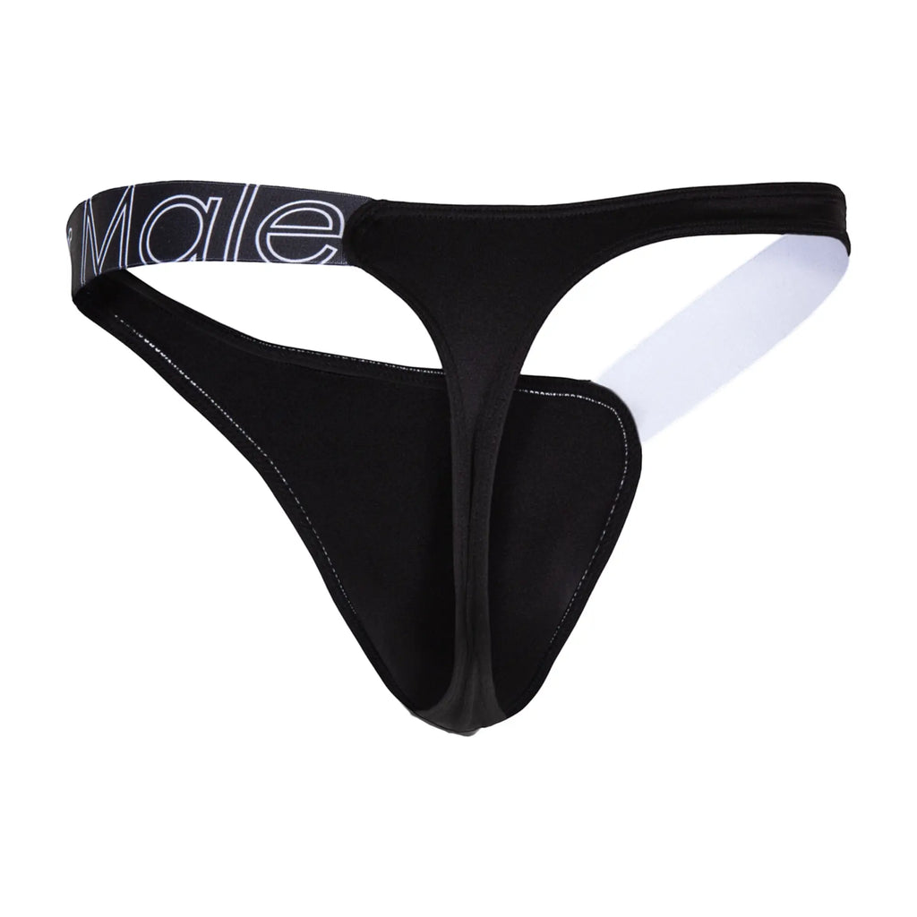 Cover male cmk083 thong black with white male logo on waistband and contrasting white inner lining front view