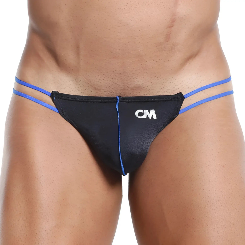 Cover male CML005 black thong with blue trim and matching side straps showing the front view