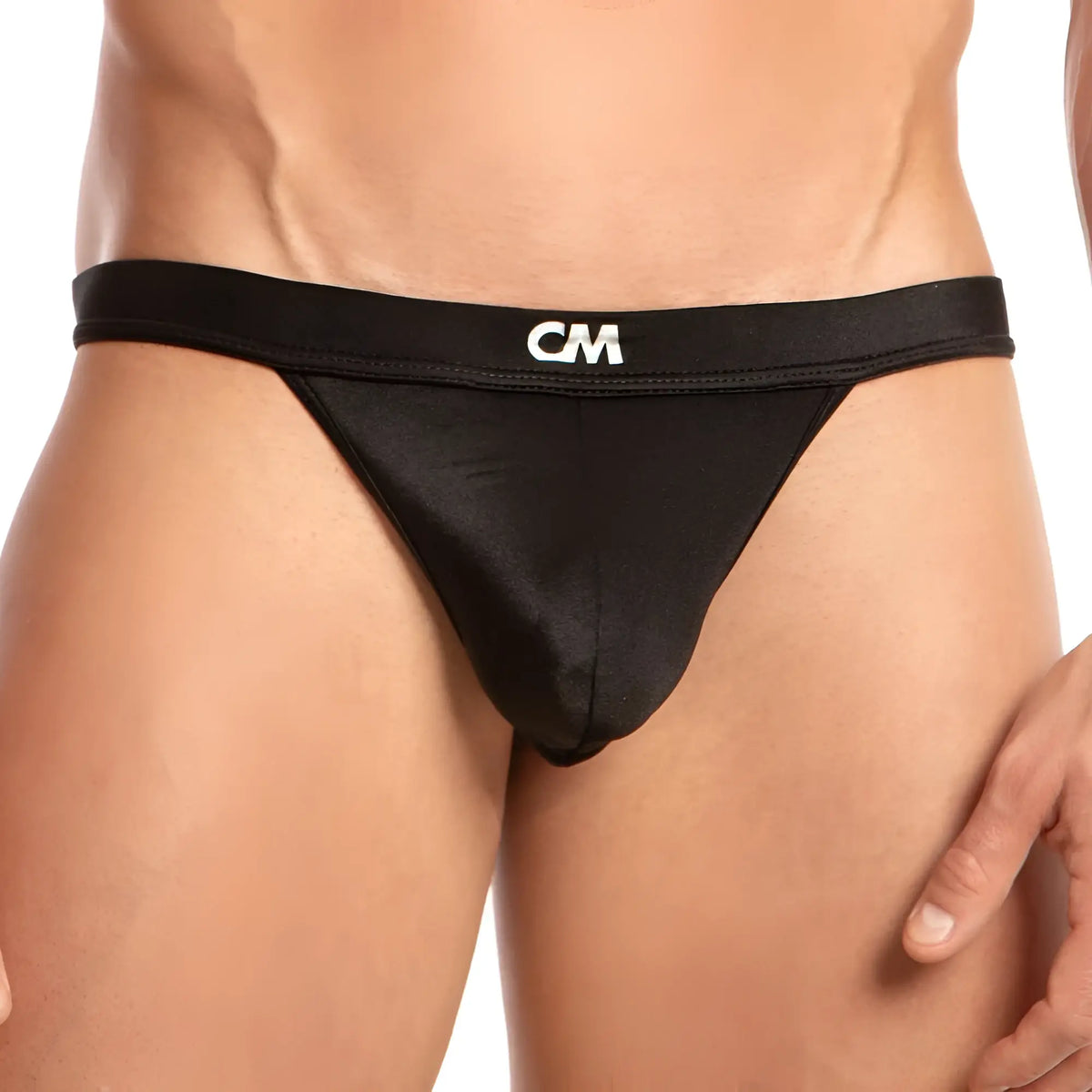 Black cover male CML024 g-string thong with smooth satin fabric and minimalist design shown from the back side