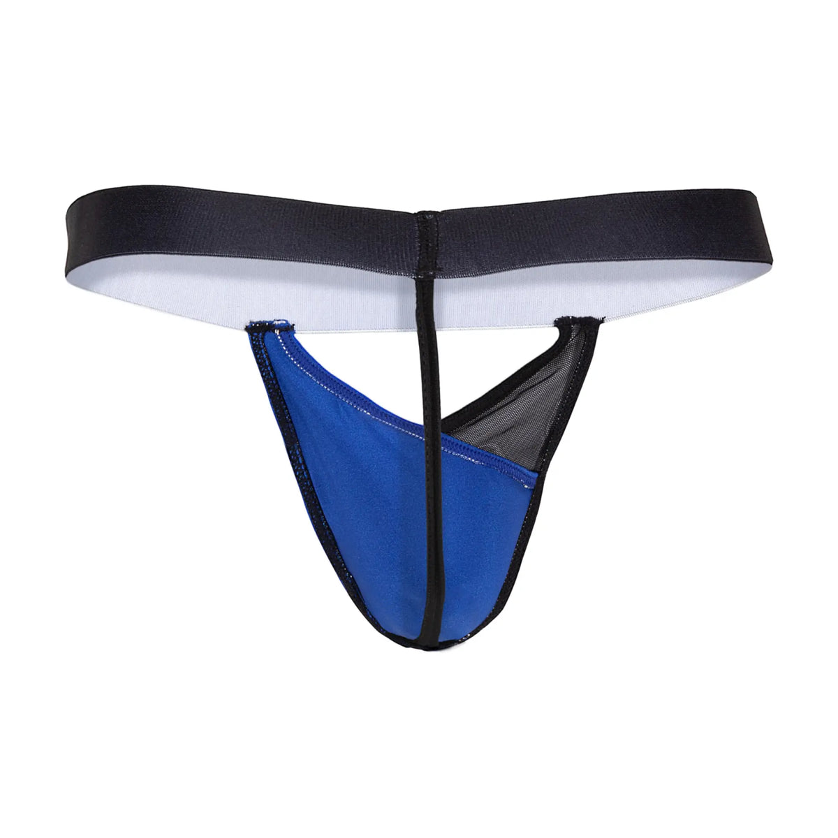 Blue and black Cover Male CML035 G-string thong with mesh panel showing front side details