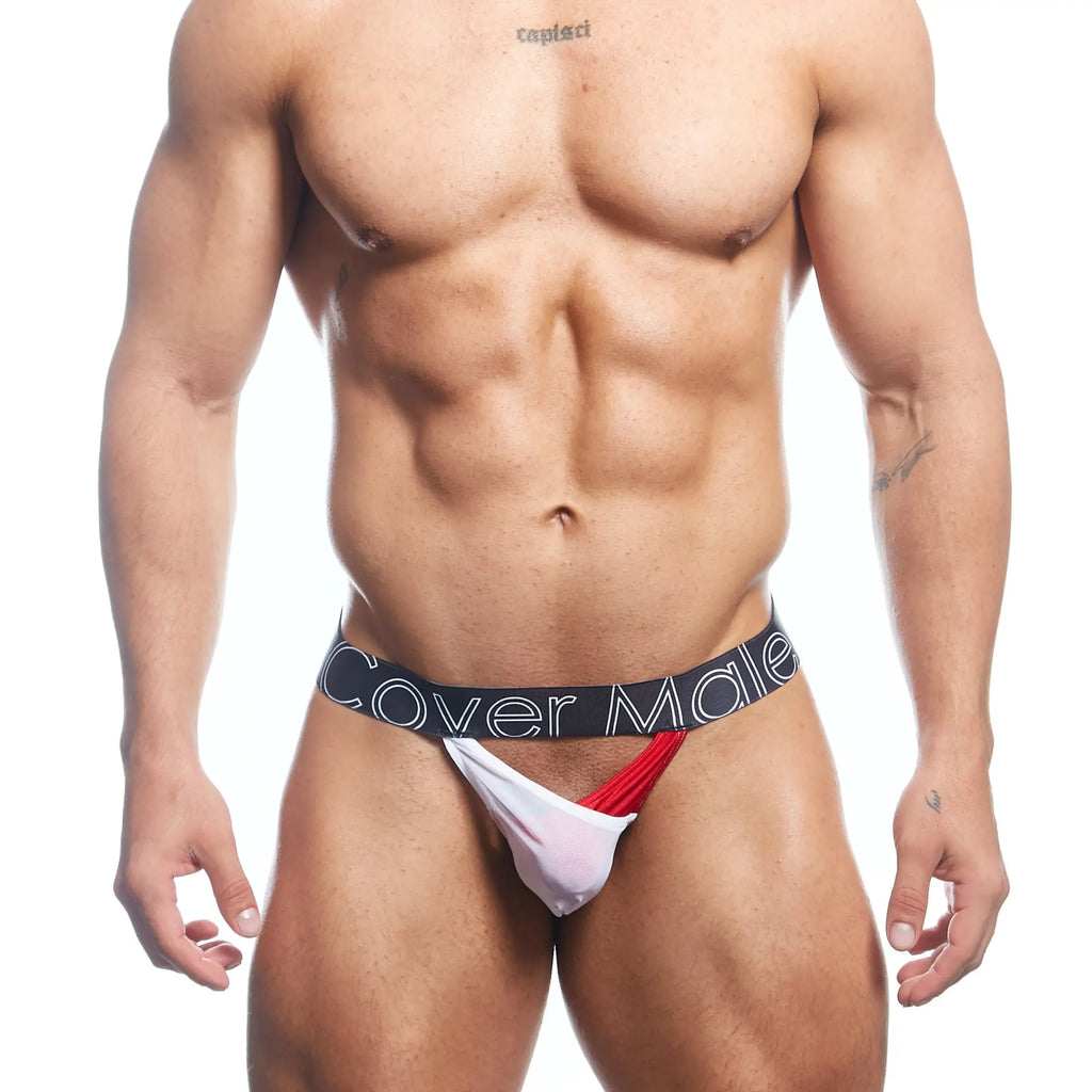 White and red athletic briefs with a black cover male waistband designed as the cover male CML035 g-string