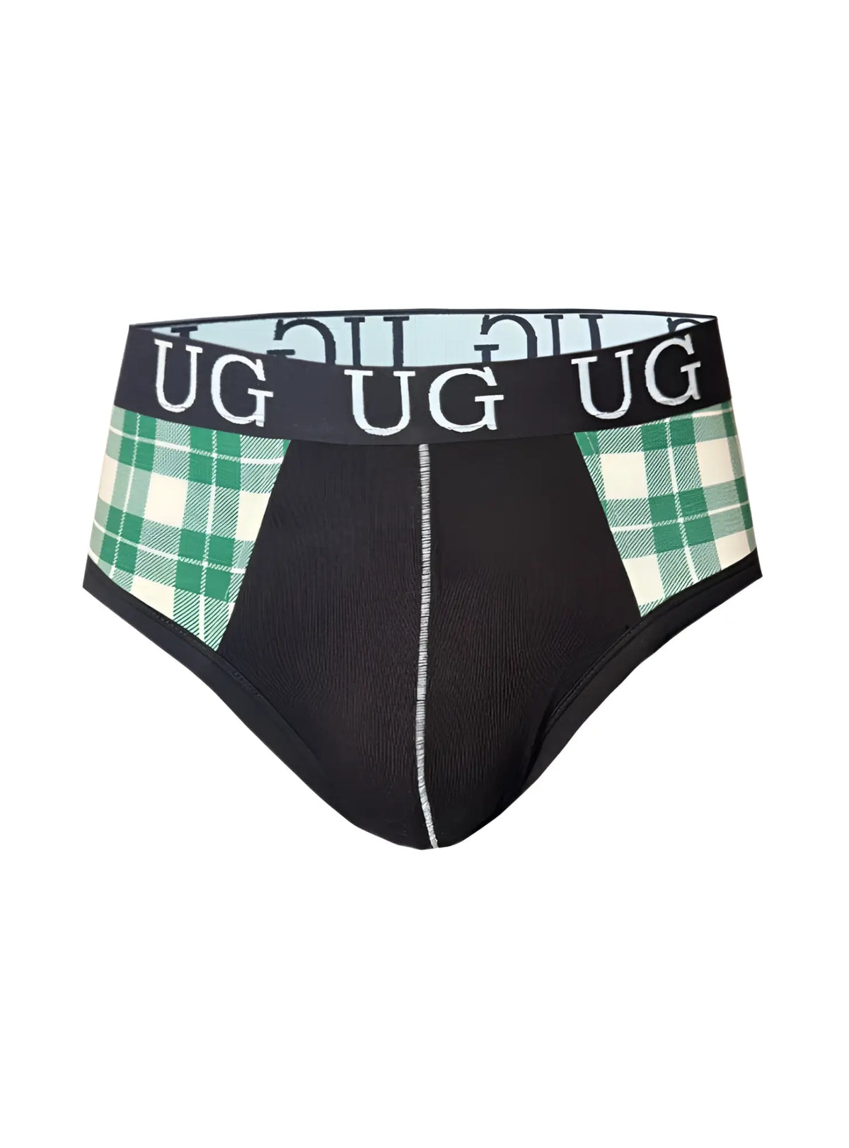 Cozy comfort pouch brief in black with green and white plaid side panels and black waistband embroidered with ug
