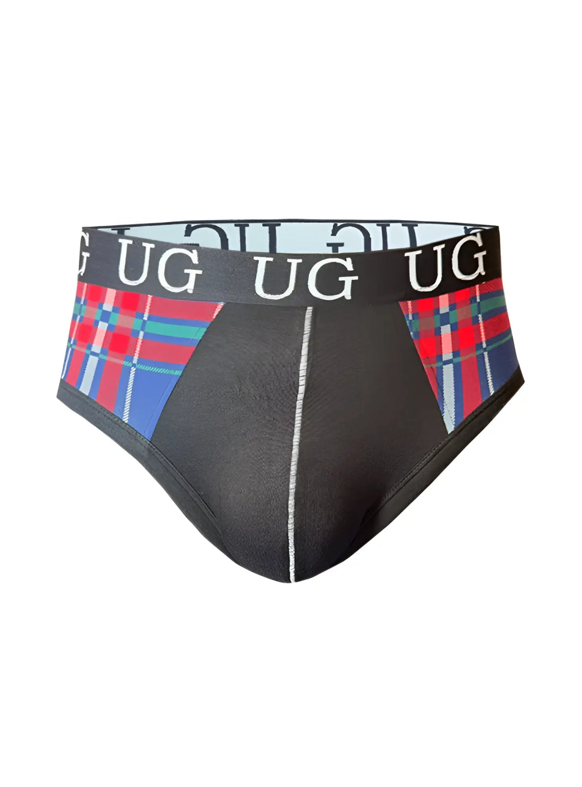 Cozy Comfort Pouch Brief black briefs with red blue and green plaid sides and a black waistband with white ug branding