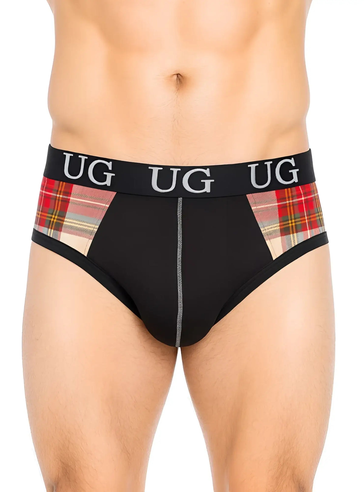 Black cozy comfort pouch brief with red green beige plaid side panels and black waistband with white ug lettering
