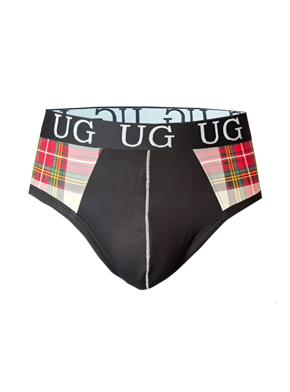 Cozy comfort pouch brief featuring black fabric with red green and white plaid side panels and a branded black waistband