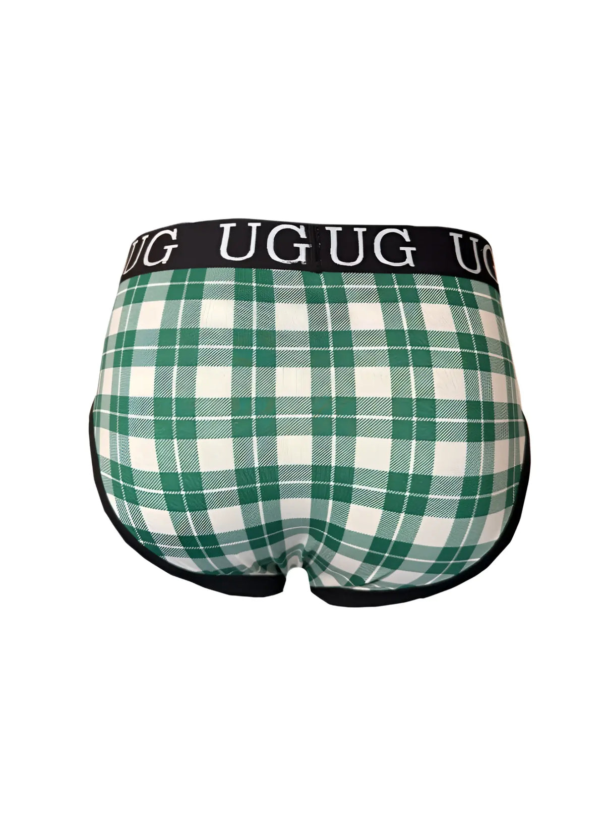 Cozy comfort pouch brief green and white plaid menâ€™s underwear with black waistband featuring ug logo
