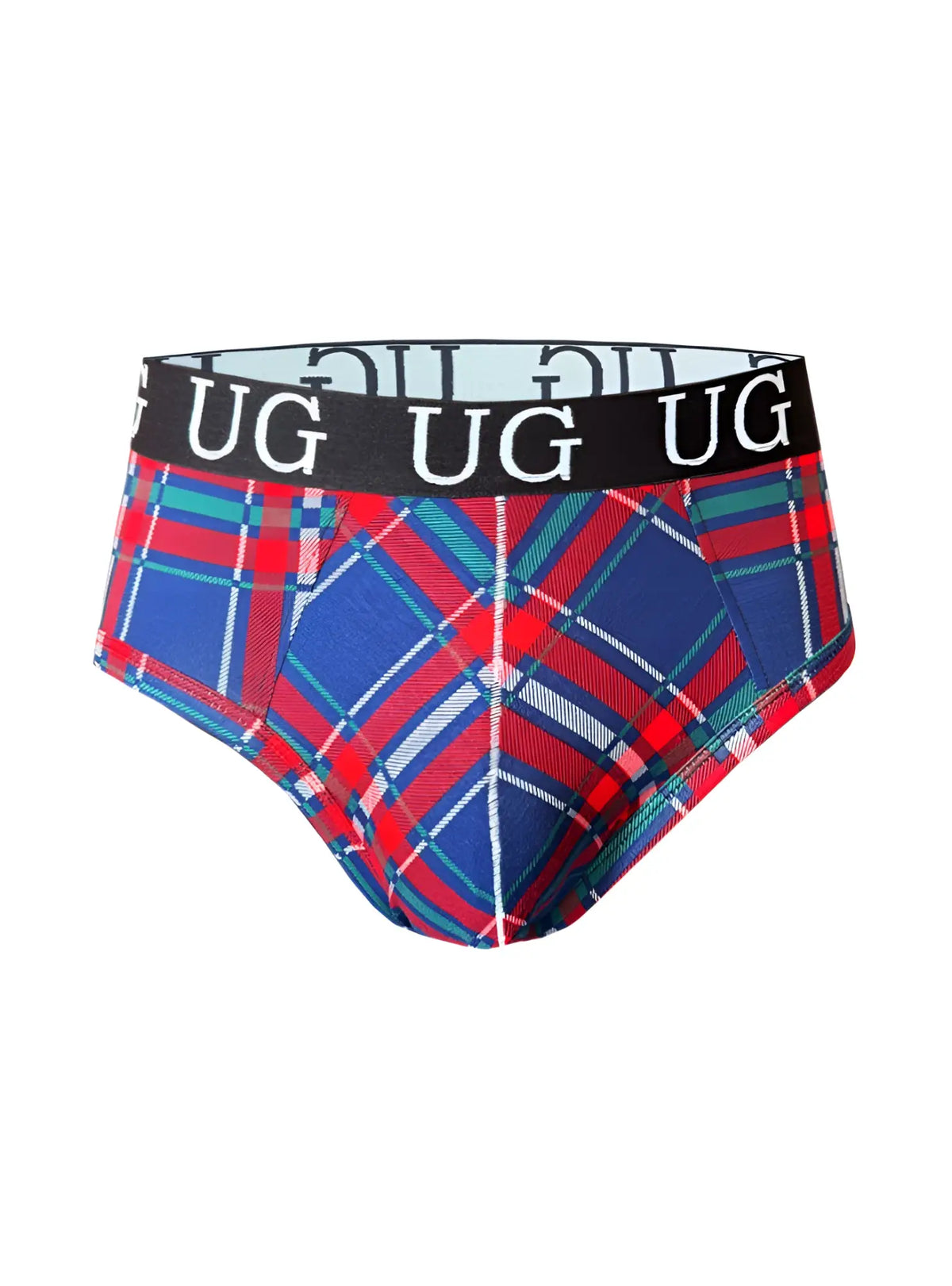 Cozy country style plad fit brief underwear in blue red and green with black ug waistband and white lettering