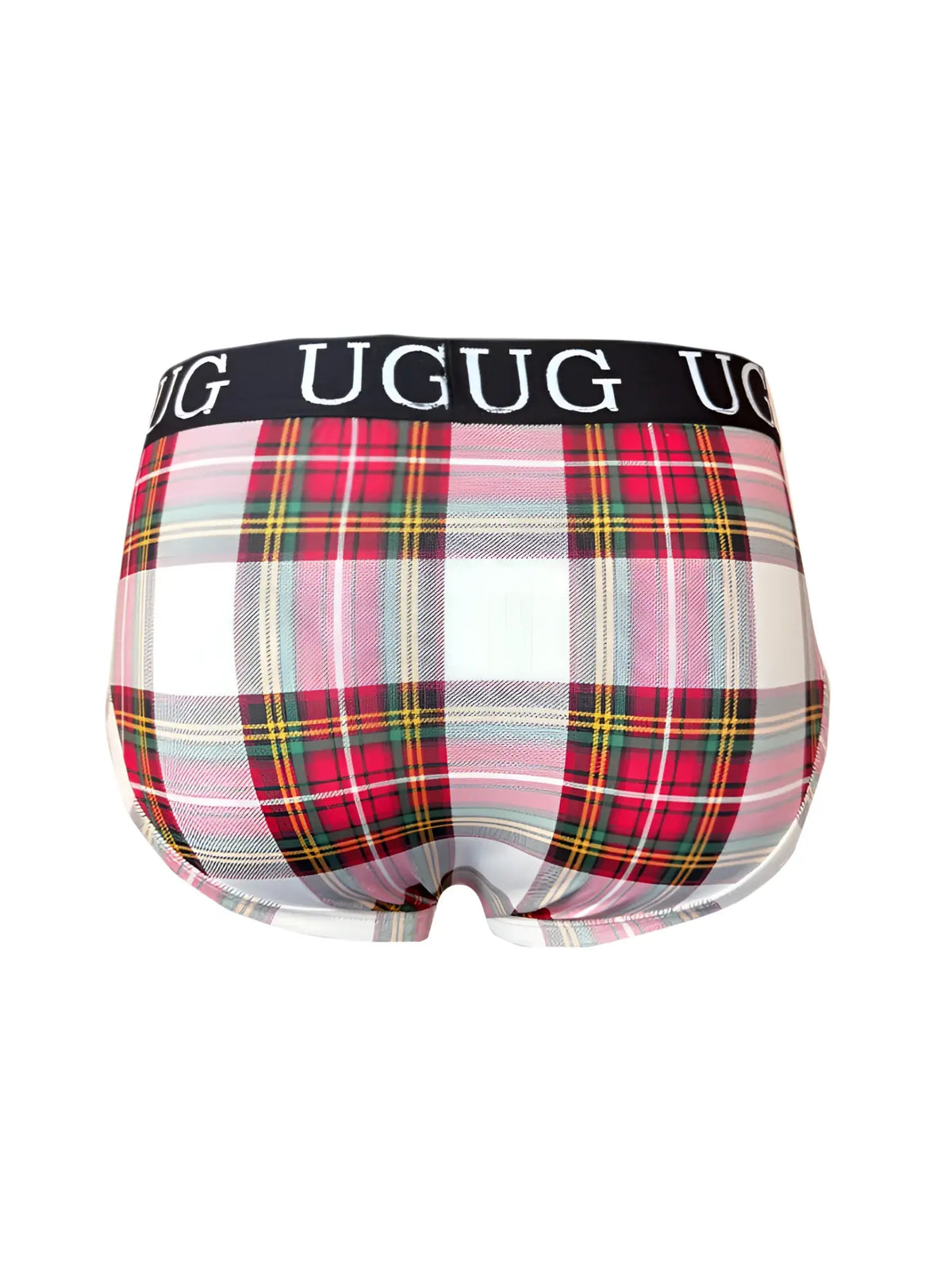 Cozy country style Plaids fit brief with pink white red green plaid pattern and black elastic waistband by Ugug
