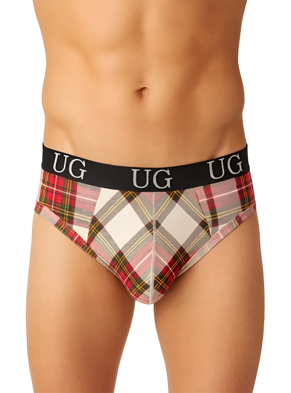 Red and white plaid briefs featuring a black elastic waistband with repeating white UG logo text.