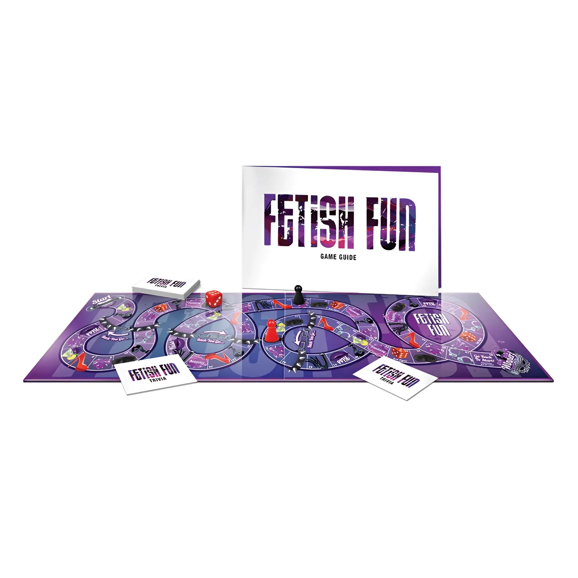 Creativec fetish fun game board with purple circular track red dice and pawns and white playing cards displayed