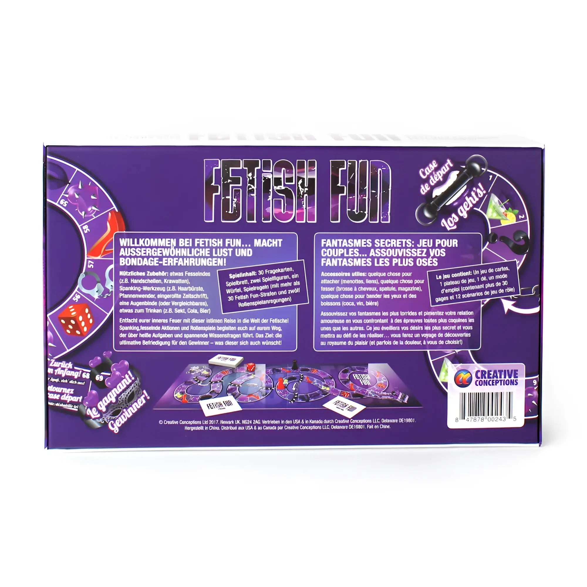 Purple box for creative conceptions fetish fun board game featuring a playful adult party game design