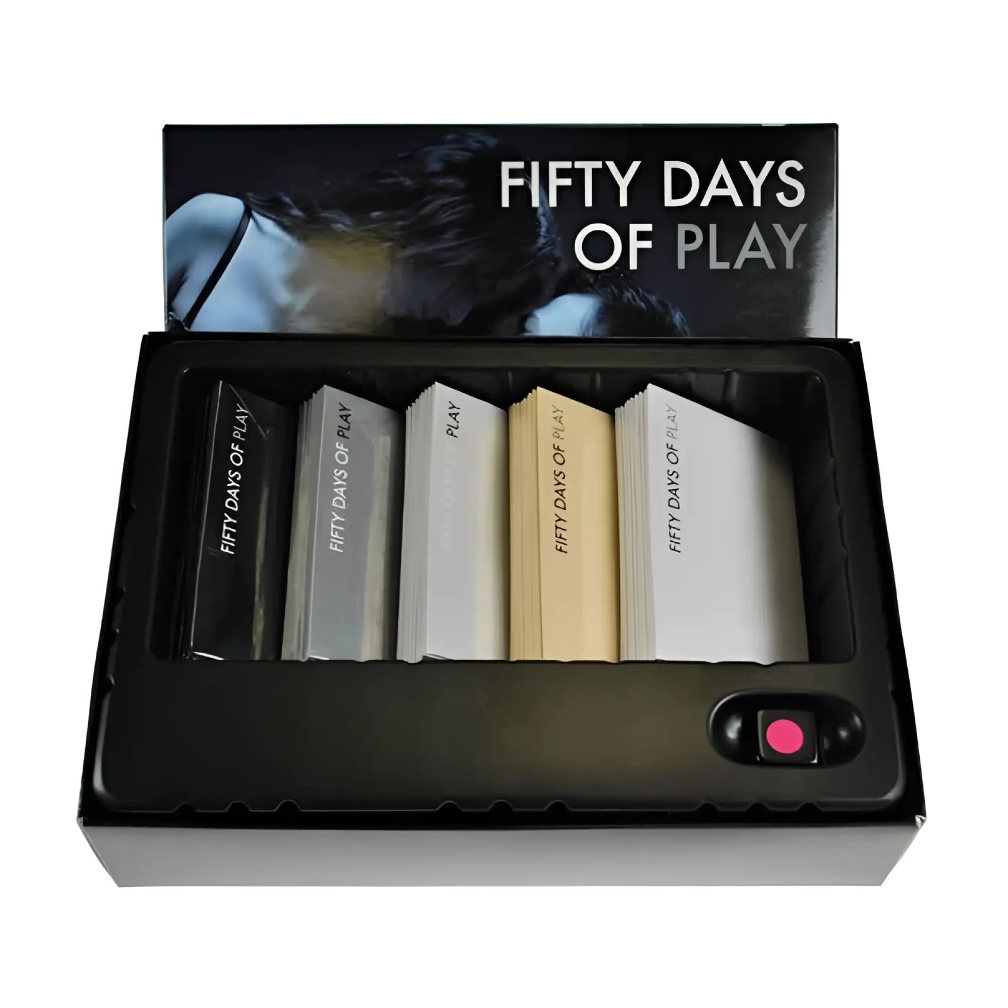 Black box containing five creativec fifty days of play activity books in black silver white gold and light gray covers