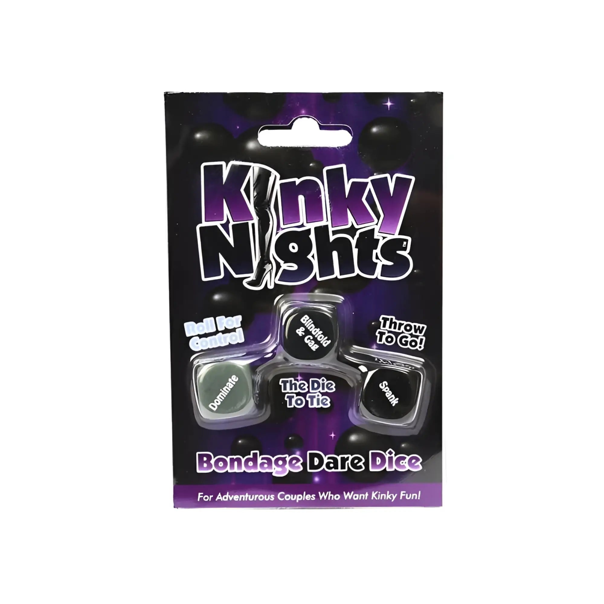 CreativeC kinky nights dare dice set in clear plastic packaging with black and purple branding for kinky couple games