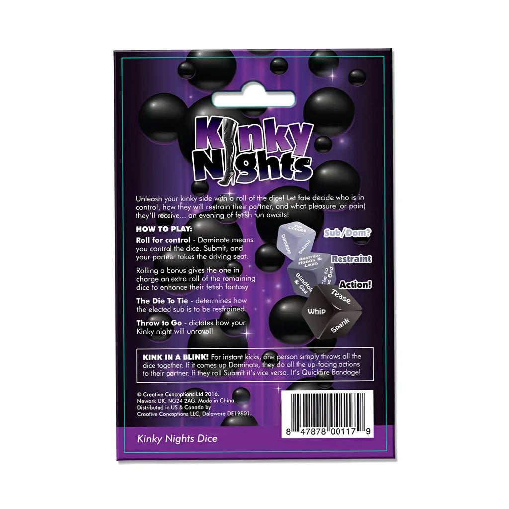 Purple-packaged kinky nights dare dice set by creativec featuring black and silver erotic-themed polyhedral dice