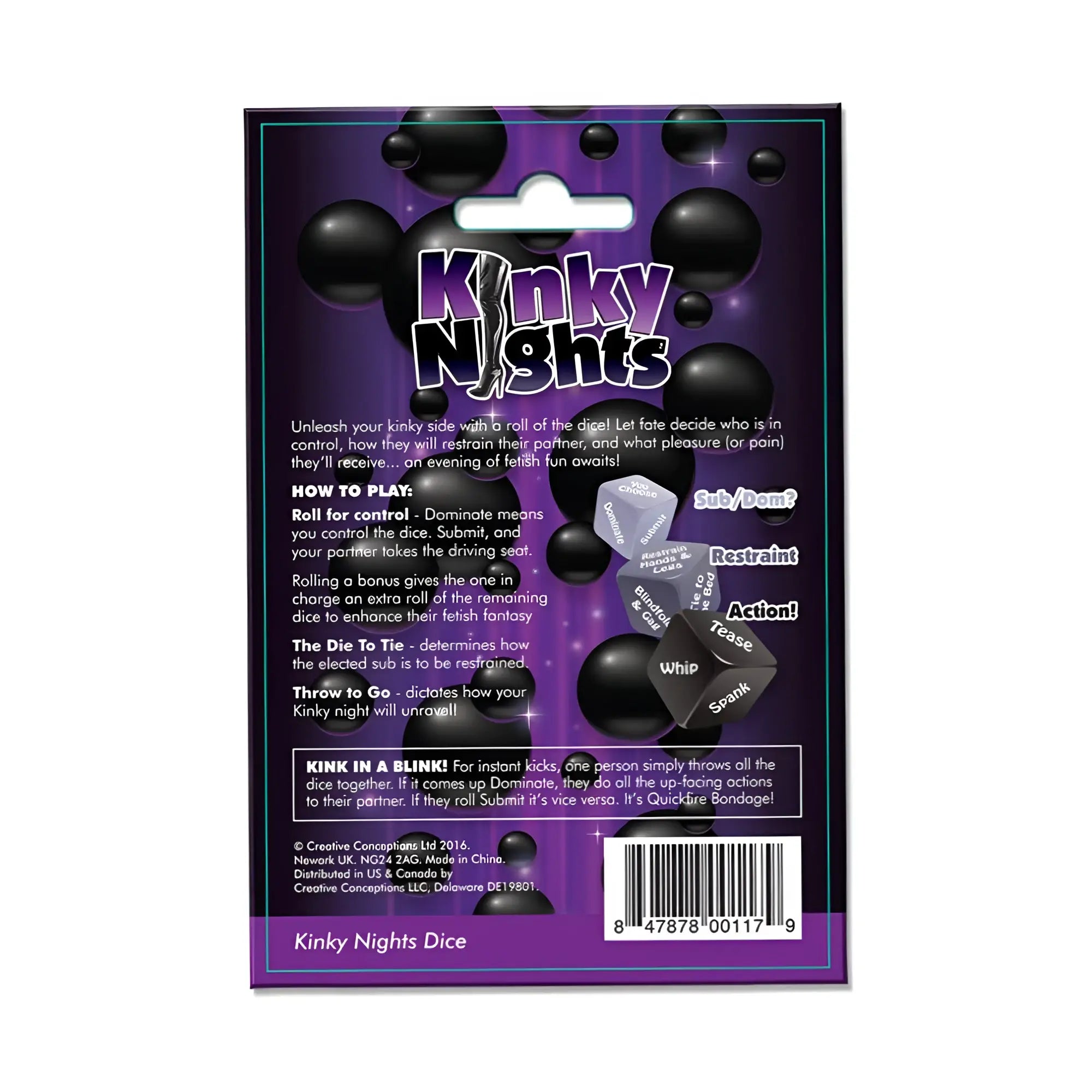 Purple-packaged kinky nights dare dice set by creativec featuring black and silver erotic-themed polyhedral dice